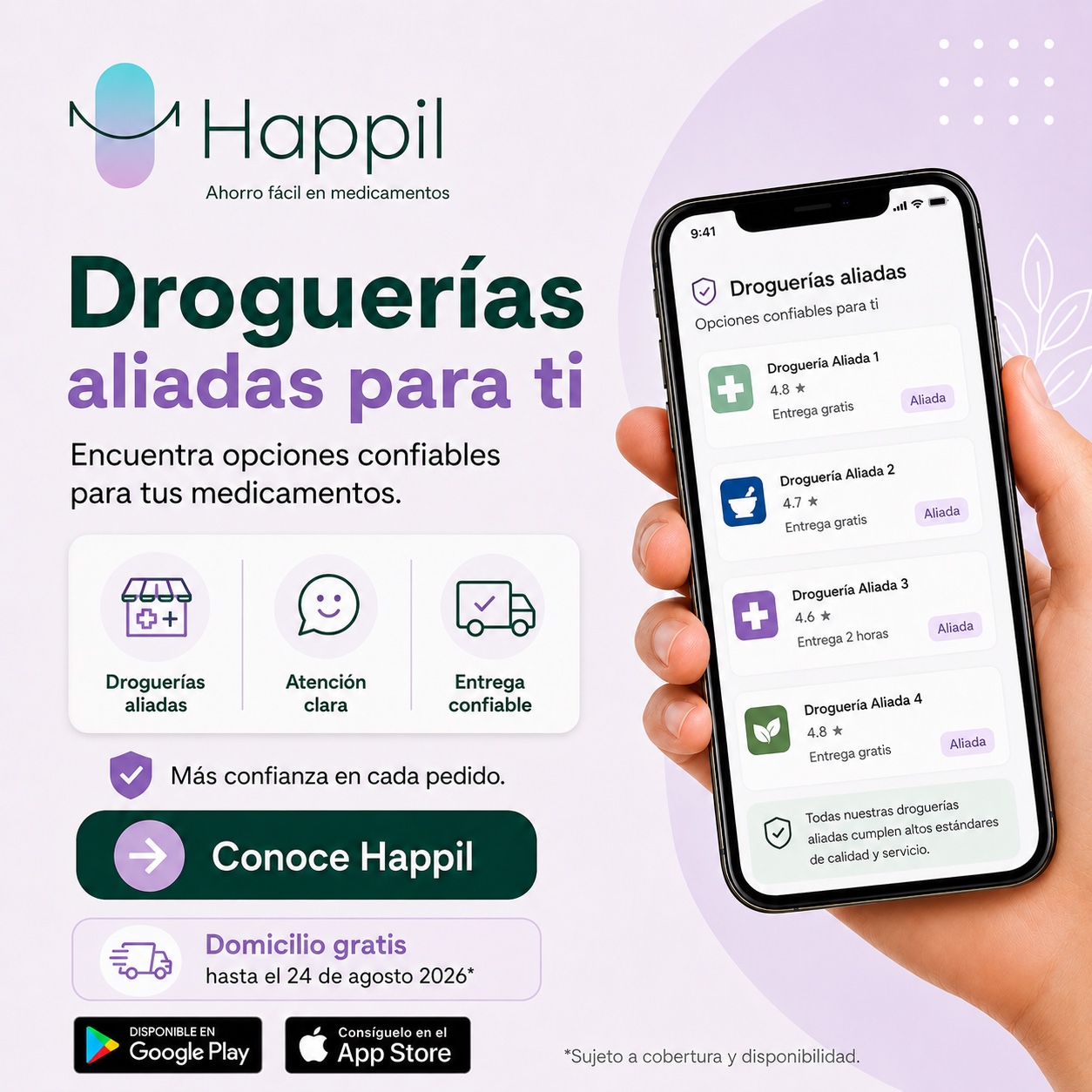 Pieza visual de Happil sobre droguerías aliadas
